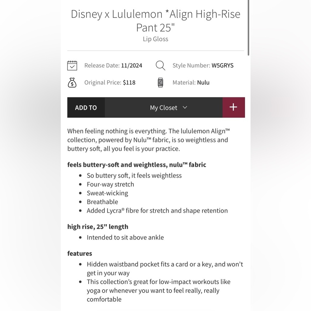 Lululemon Disney NWT Align High Rise Pants 25” Leggings Lip Gloss Pink Size 6 - Picture 7 of 15